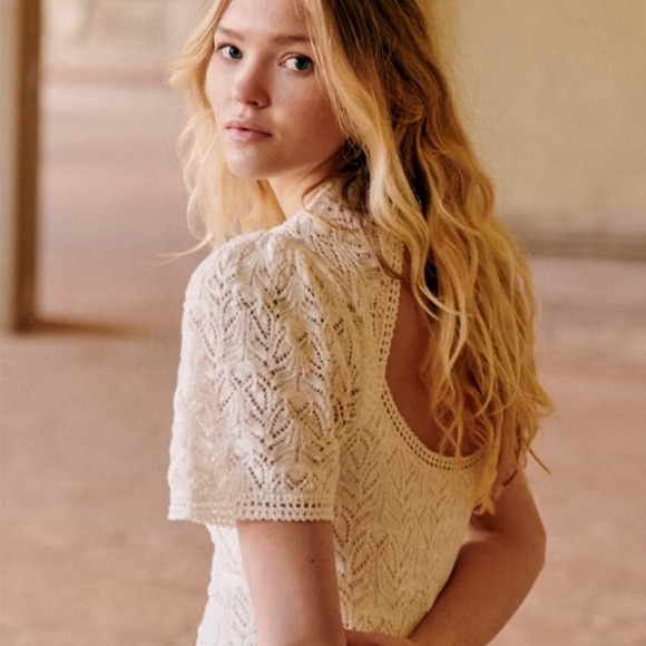 Sezane Izia Midi Dress NWT Size Medium Ecru White Pointelle Knit Open Back - Picture 2 of 9